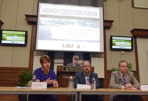 Panelists discuss the potential budget cuts to higher education (photo via The New Orleans Advocate).